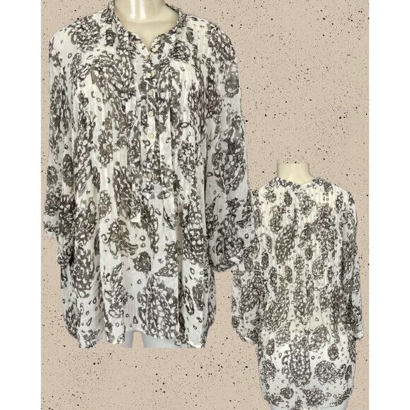 Coldwater Creek PL Brown-Cream Floral Tie Button Neck Pintuck 3/4 Sleeve Blouse - Picture 1 of 6